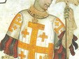 Godfrey of Bouillon holding a pollaxe. Manta Castle Cuneo Italy