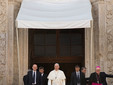 Pope Francis on the threshold of Turin Cathedral (Duomo) with Archbishop Cesare Nosiglia after praying before the Shroud.