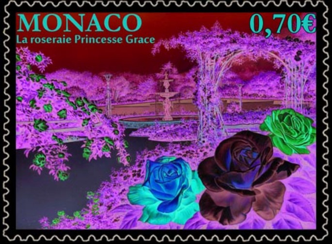 Eine neue Briefmarke feiert Monacos Roseraie (Rosengarten)