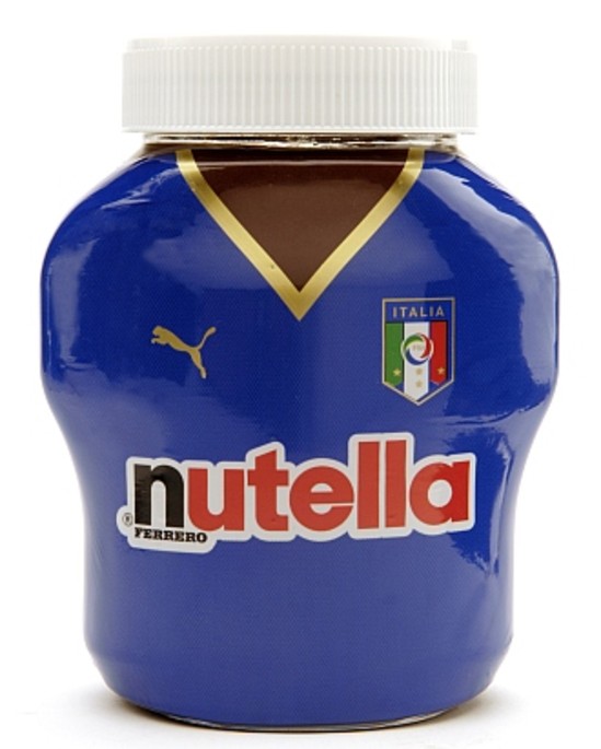 A jar of Nutella &quot;wearing&quot; the official jersey of the Italian national football team.